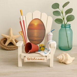 White Beach Chair 4x6 Photo Frame Palm Tree Shovel Bucket 11x7x5 Vacation Pictur